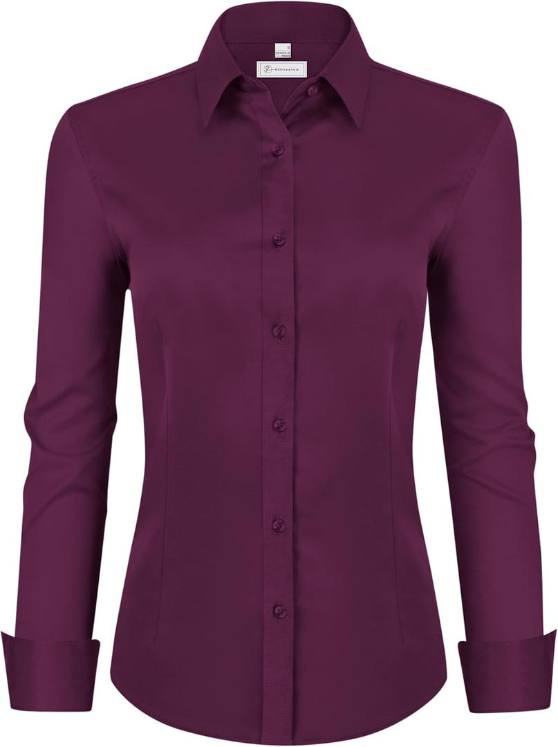 siliteelon Womens Classic-Fit Dress Shirts Long Sleeve Button Down Wrinkle-Free Stretch Solid Casual Work Office Blouse Top (X-Small, Magenta)
