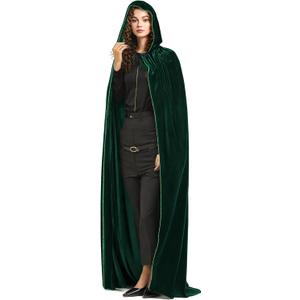 ROMASA Hooded Velvet Cape, Adult Full Length Cloak Costume for Halloween Cosplay Costumes (Green, S/ 130CM)