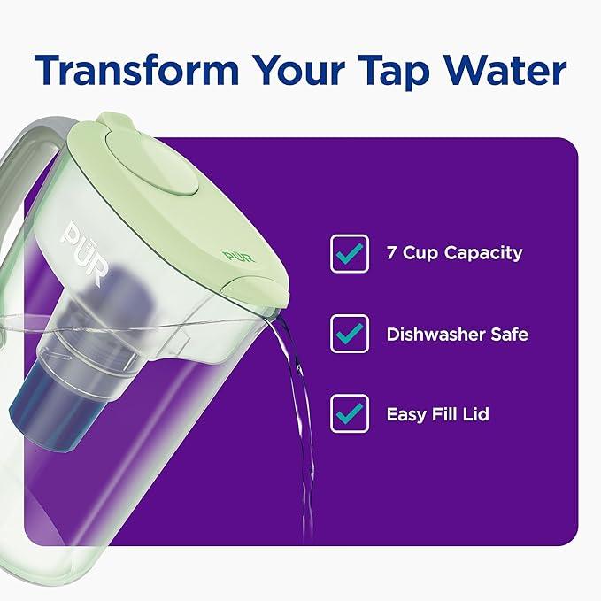 PUR 7-Cup Water Pitcher, 1 Genuine Filter, Cleaner, Great-tasting Water, Dishwasher Safe, Powerful, Faster Filtration, LockFit Cap Design - Lime