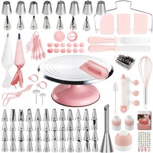 Cake Decorating Kit, 138pcs Cake Decorating Supply with Aluminium Cake Turntable, 64 Numbered Icing Piping Tips, 2 Spatulas, 3 Icing Comb Scraper and Leveller, 32 Piping Bags,cake decorating tool (Light Pink)