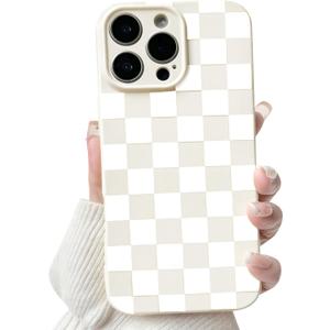 NITITOP Compatible with iPhone 16 Pro Max Case Cute Aesthetic Checkerboard Checkered Pattern for Women Girl Trendy Slim Fit TPU Silicone Shockproof Full Camera Protection Cover - White