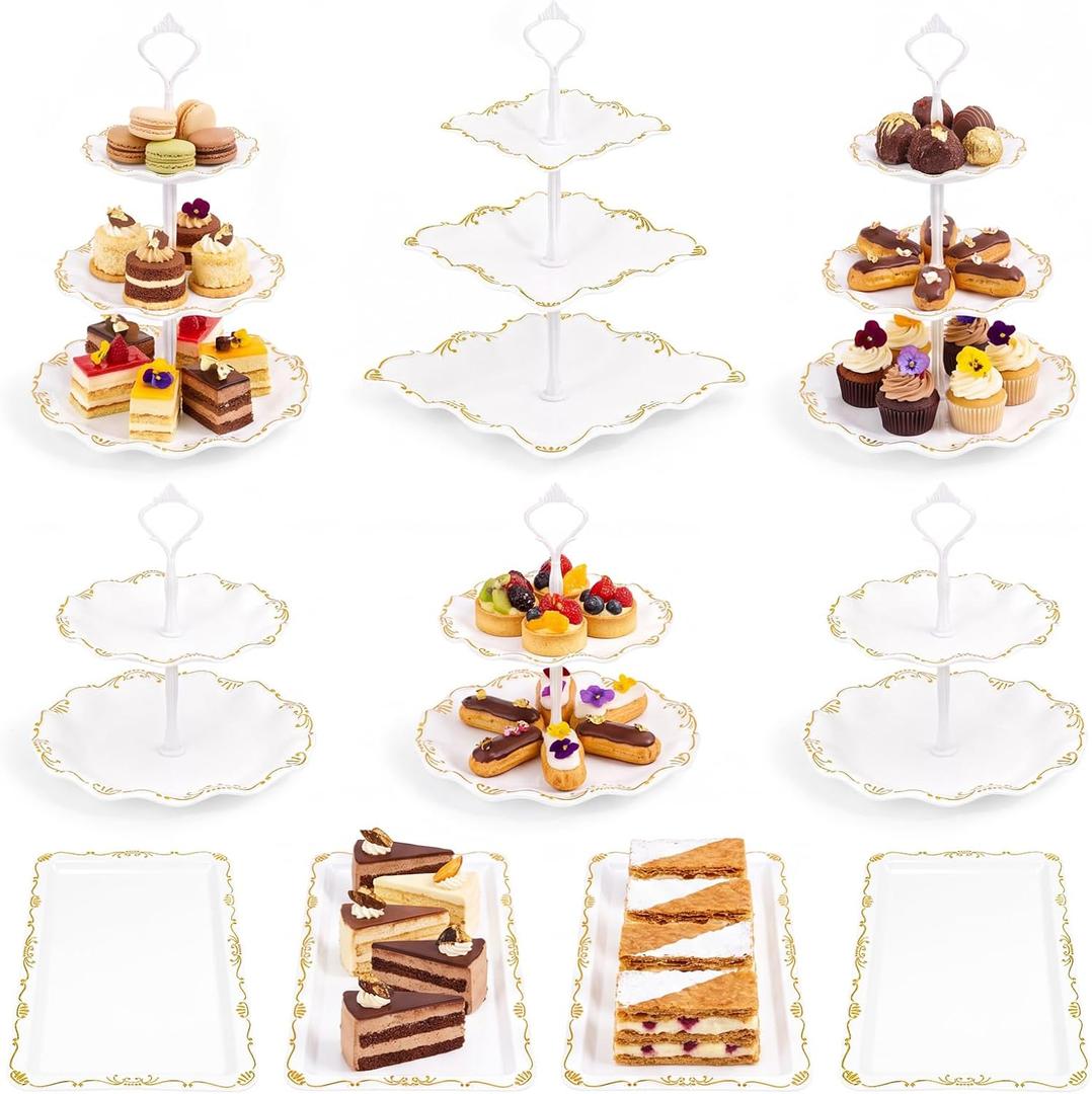 10 Pcs Cupcake Stand,Dessert Table Display Set with Gold Rim,3 x Three-Tier and 3 x Two-Tier Cake Stands,4 x Appetizer Serving Trays for Birthday, Wedding, Baby Shower,Tea Party (White)