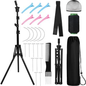 61'' Adjustable Wig Stand Tripod, Wig Holder Stand with Head, Caps, Elastic Bands, T Pins Tool Kit for Wigs Styling Making Display, Cosmetology Hairdressing Training