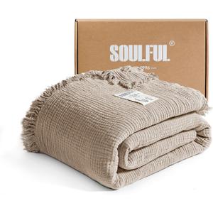 SOULFUL Muslin Throw Blanket with Tassels - Soft Queen Cotton Throw Blanket for Couch or Bed, Lightweight and Breathable Gauze for All Seasons, Light Tan, 90" x 90"