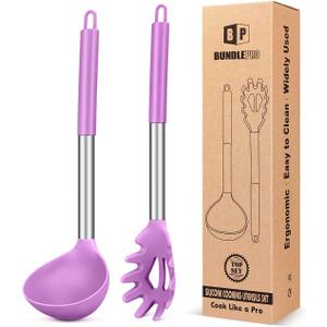 Silicone Pasta Fork and Ladle Spoon Set, Large Non Stick Kitchen Utensils for Cooking,Stirring,Serving Spaghetti, Soup, Sauce (PURPLE)