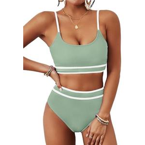 BMJL Women's High Waisted Bikini Ribbed Two Piece Swimsuit High Cut Color Block Adjustable Straps Bathing Suit, S