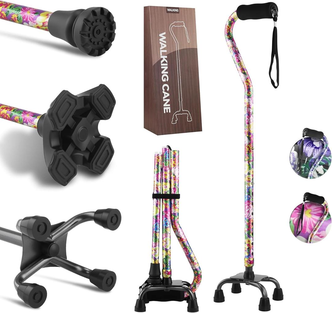 LIXIANG Walking Canes Stablize Women Quad Canes for Seniors & Adults Foldable Adjustable for Men & Women Heavy Duty Freestanding Cane for People with Leg Injuries 3 footings (Purple flower)