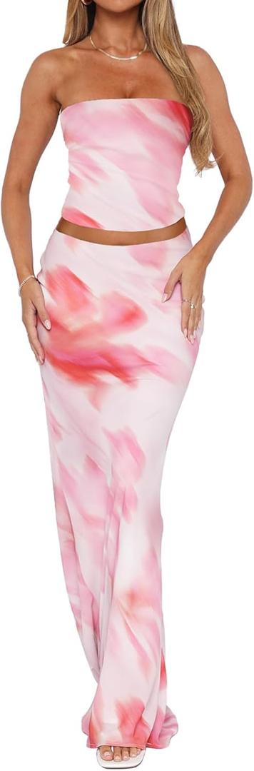 2 Piece Skirt Sets for Women Summer, Floral Sleeveless Tube Top Bodycon Maxi Skirts Y2k Vacation Going Out Outfits (Light Pink Tiedye)