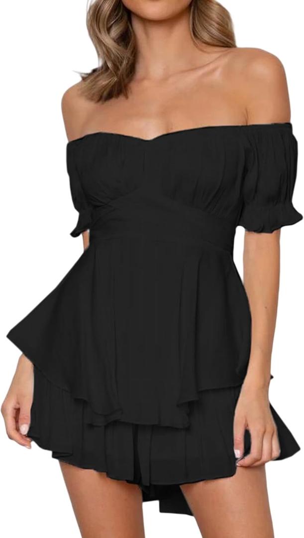 Womens off Shoulder Romper Dress Cute Tiered Ruffle Hem Jumpsuit Playsuit Flowy Pirate Mini Dress (Medium)