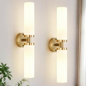 Indoi Wall Sconces Set of Two, Brushed Gold Bathroom Sconces Wall Lighting with Milky White Glass, Modern Sconces Wall Decor Set of 2 Bathroom Light Fixtures for Mirror Living Room Hallway Bedroom