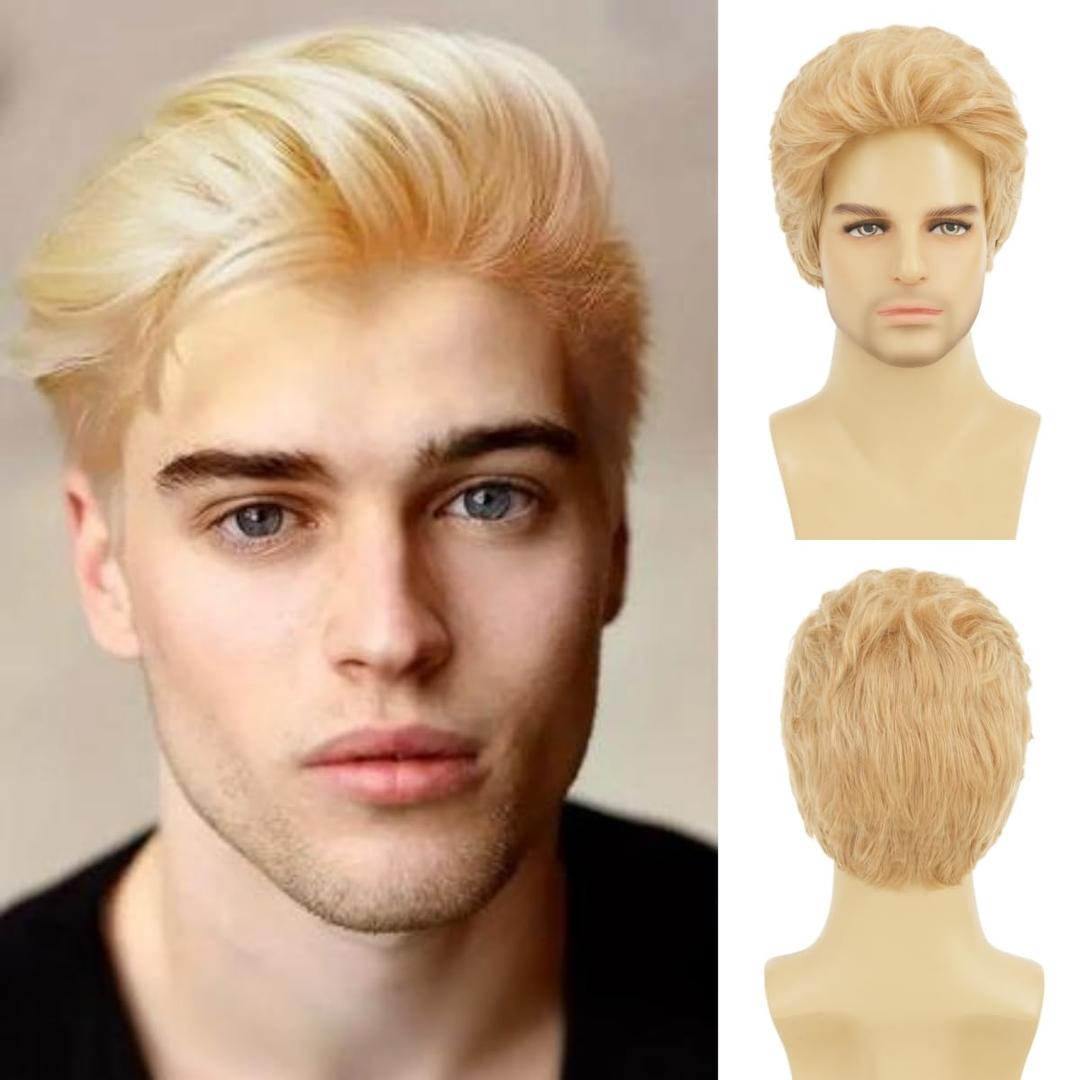 Mens Short Blond Wig Handsome Male Wig Short Hair Guy Layered Daily or Halloween Cosplay Party Costume