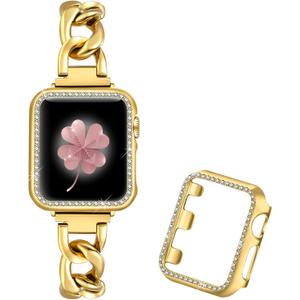 Dilando Cool Chain Metal Link Bands Compatible with Apple Watch 38mm 40mm 41mm Women Men, Gold Stainless Steel Bracelet with Bling Case for Iwatch SE series 8 7 6 5 4 3 2 1(Gold,38mm) (38mm, Gold)