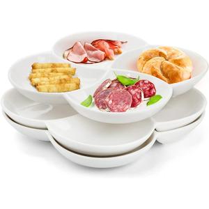 ZENFUN Set of 3 Porcelain Appetizer Platter with 4 Compartment, Flower-shaped Candy and Nut Serving Tray Snack Serving Plate Dishes for Vegetables, Fruit, Dessert, 8.5'' x 8.5'', White