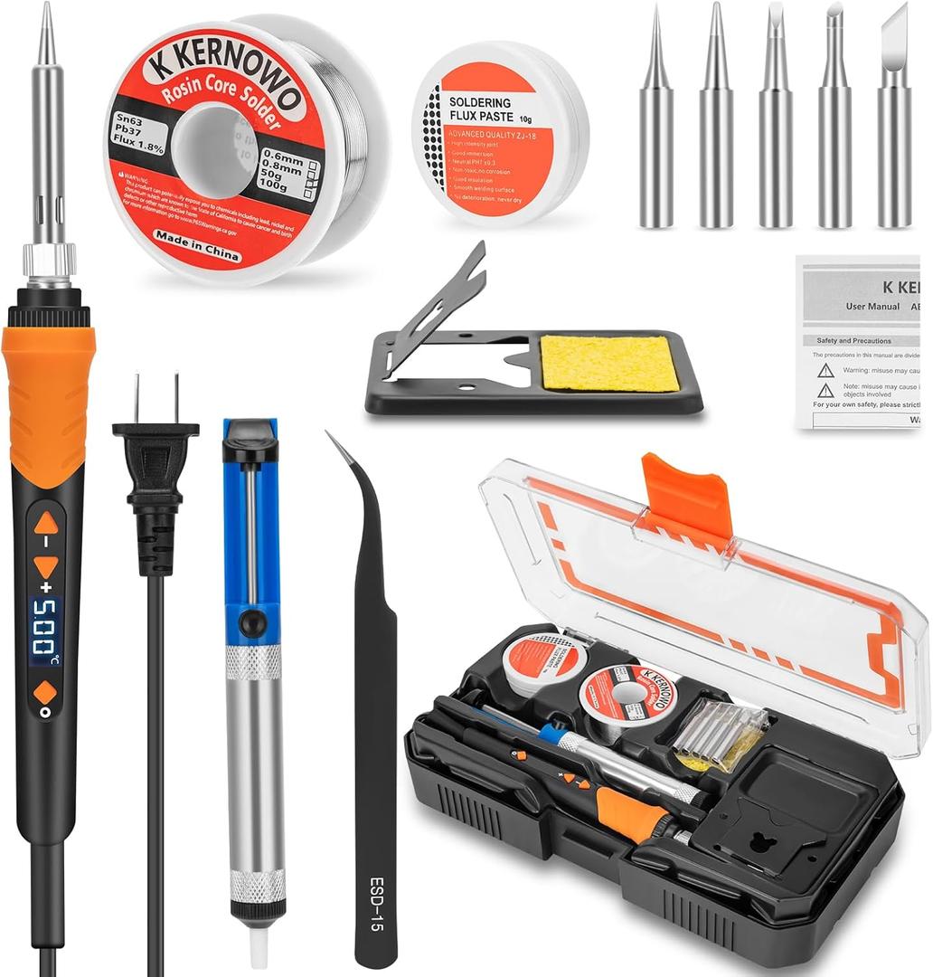 Premium Soldering Iron Kit, 68W LCD Soldering Tool 12-in-1 Soldering Gun with Ceramic Heater, Adjustable Temperature 200-500C, Includes Soldering Iron Tips, Solder Wire, Pump, Paste (Orange)