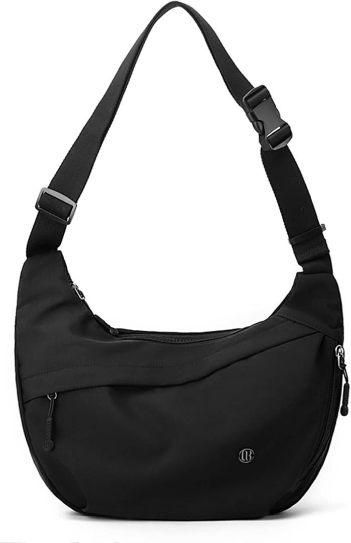 Nylon Crescent Cross body Bag for Women, Casual Medium Lightweight Shoulder Tote Handbag Travel Purse with Adjustable Strap (Black)