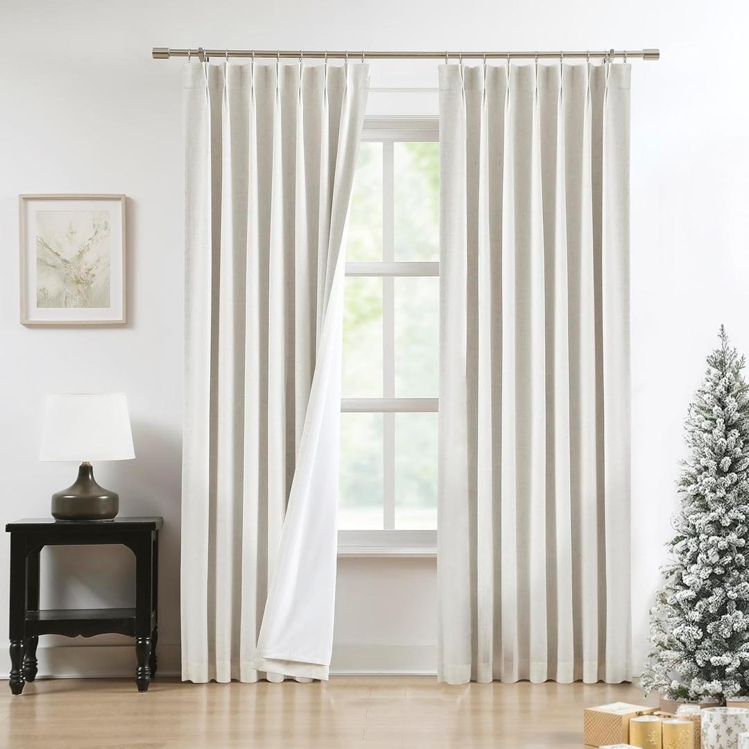 Pinch Pleated Blackout Curtain Panels with Full Blackout Liner Linen Blend Thermal Insulated Window Treatment Sets with Back Tab for Living Room Bedroom Drape with 9 Hooks, 40"x90"x2, Natural