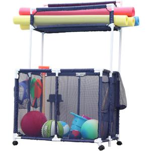 Essentially Yours Pool Storage Equipment Organizer Holder - Noodles, Toys, Balls, Floats Mesh Rolling Double Decker Bin, Large with Noodle Holder, (35.3" W x 23" L x 59.4" H), Blue/White Style 561935