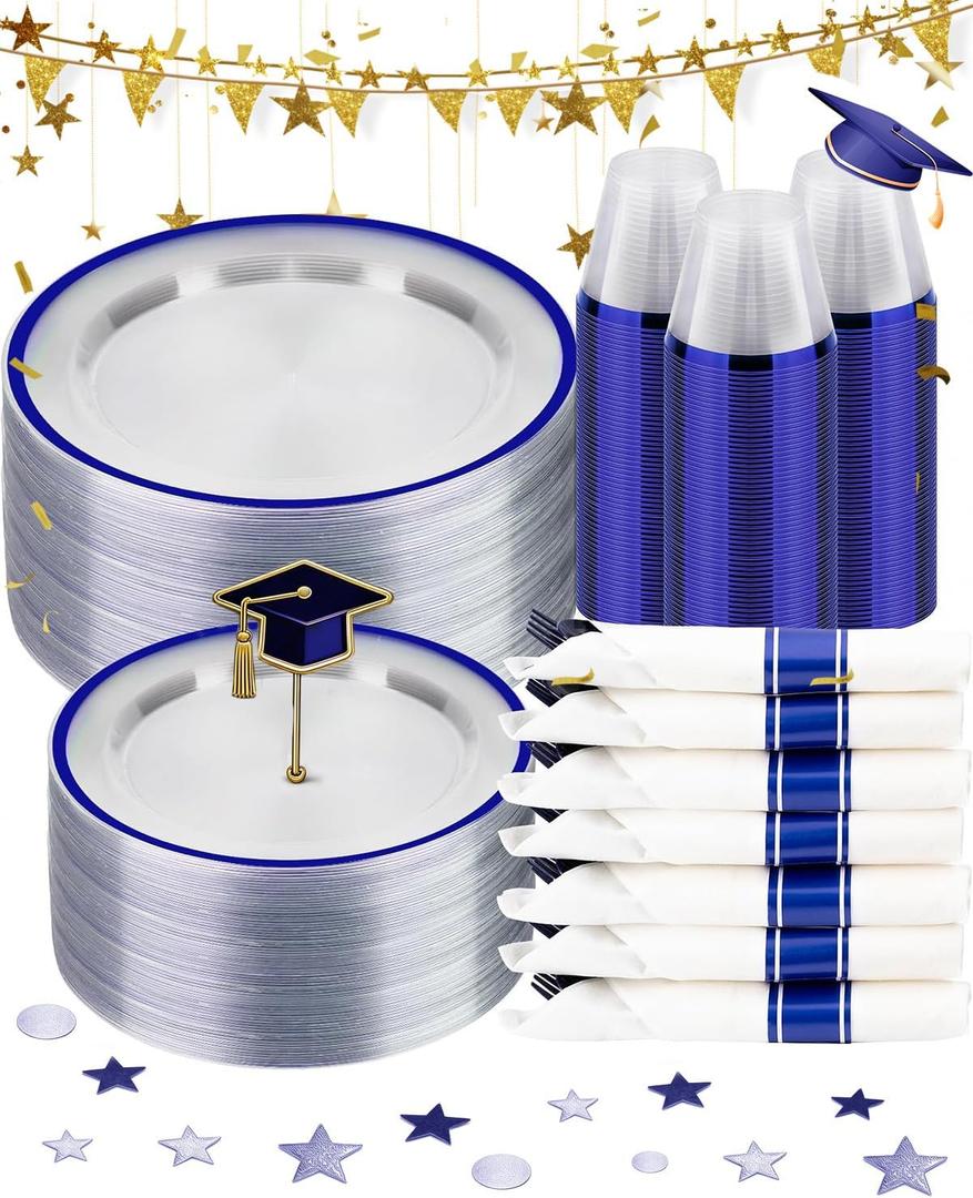 BESTSTAR 350PCS Clear and Blue Disposable Plates Set for 50 Guests, 100 Plastic Plates, 50 Cups, 50 Pre-Rolled Napkins with Plastic Cutlery for Graduation Party, Birthday, Thanksgiving, Christmas
