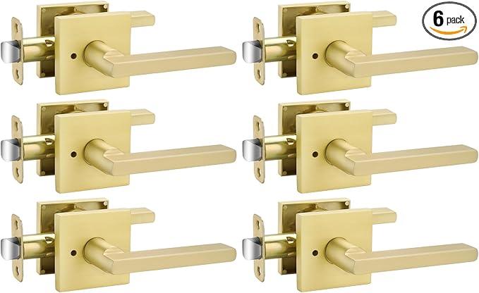 Goldenwarm Gold Door Handles Interior, Zinc Alloy Heavy Duty Brushed Gold Interior Door Handles for Bedroom Bathroom, Modern Square Privacy Door Levers (6 Pack)