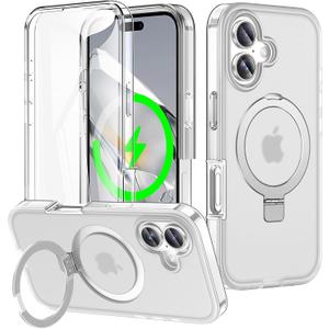 for iPhone 17 Full Body Shockproof Case with Magnetic Invisible Stand [Compatible with MagSafe] Built-in Screen Protector Military Drop ProtectionTranslucent iPhone Cover -White