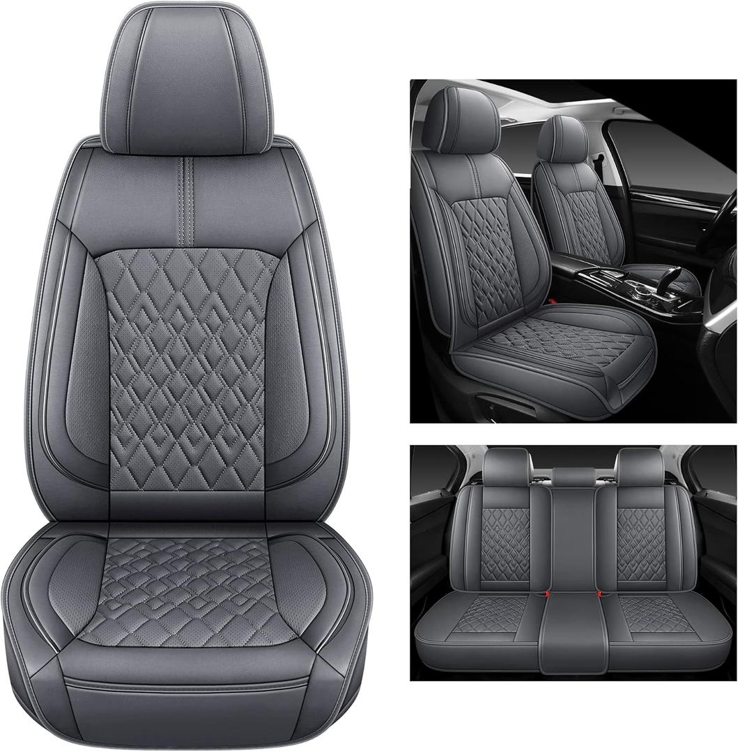 Pariitadin Leather Car Seat Covers Full Set, Waterproof Breathable Faux Leather Automotive Seat Covers for Cars, Non-Slip Car Interior Covers Universal Fit Most Cars Sedans Trucks SUVs, Gray