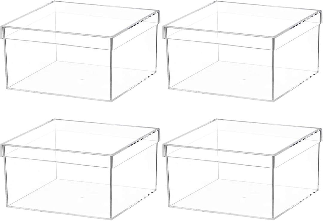 4 Pack Clear Acrylic Box with Lid, Clear Acrylic Plastic Square Cube Containers Storage Box 5.9x5.9x2.36 Inches/ 150X150X60mm for Candy Pill and Tiny Jewelry