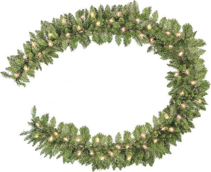 HiBean Christmas Garland 9 FT by 12 Inch,Pre-lit Garland with 50 Warm Lights, Classic Green Christmas Garland with 340 Branch Tips for Mantle, Fireplace, Stairs Railing, Front Door