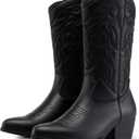 Dodow Womens Cowboy Boots Western Cowgirl Pointed Toe Zipper Mid Calf Boots Black Size 7.5
