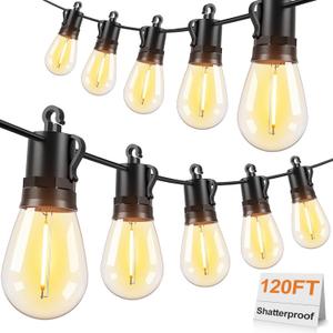 Brightever 120FT Outdoor String Lights Waterproof, LED Patio Lights with 34 S14 Shatterproof Bulbs(2 Spare), 2700K Outside Connectable Hanging Decorative Lights for Cafe, Bistro, Party, Birthday
