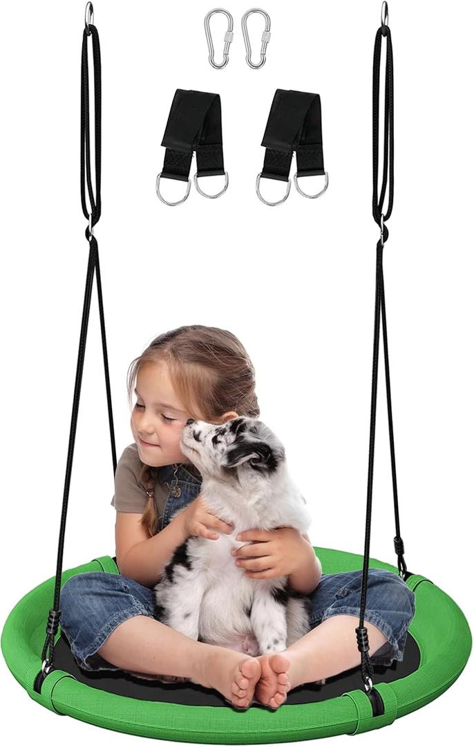 24 Inch Saucer Tree Swing Set for Kids & Adults, Adjustable Flying Swing Seat for Backyard or Outdoor Playground, Green & Black