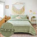 Merryword Sage Green Pom Pom Comforter Set Green Comforter Triple Green Ball Fringe Design Chic Boho Balls Down Alternative Comforter Boys Girls Bedding King 1 Duvet 2 Pillowcases