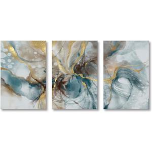 Turquoise and Gold Canvas Print Abstract Wall Art Watercolor Painting Marble Vortex Picture for Living Room Bedroom Kitchen Home Office Decor (48"W x 24"H (16"x24" x3pcs))