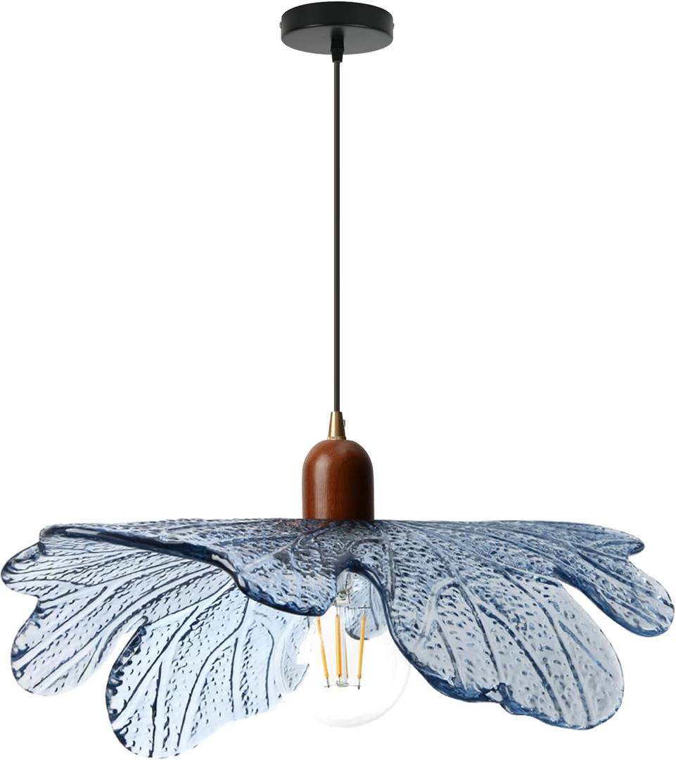 Blue Glass Pendant Light 15.75" Large Flower Petal Hanging Ceiling Light Adjustable 59" Cord with Wood & Metal Accents Modern Statement Chandelier for Dining Room Living Room Foyer