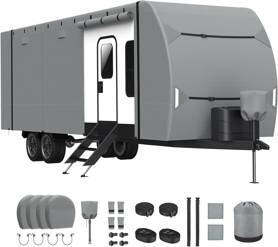 RV Cover, Upgraded Heavy Duty Waterproof RV Travel Trailer Cover Thick 7 Layers Top Fits 24'-27', Anti-UV & Windproof Camper Cover with Tongue Jack Cover, Tire Covers and Gutter Covers