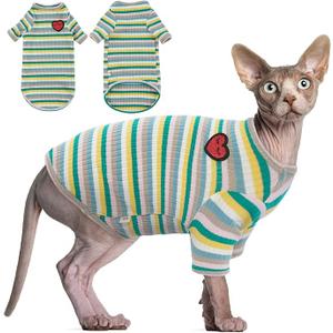 DENTRUN Hairless Cats Shirt Breathable Cat Daily Wear Clothes Stripe Vest Adorable Pajamas Jumpsuit Soft & Skin-Friendly (X-Large, Green Long Sleeve)