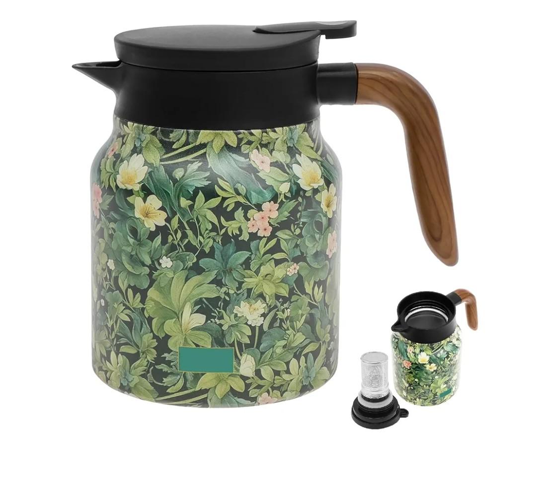 1000ml Vintage Floral Pattern Tea, Thermal Tea Pot with Handle and Built in Infuser, Stainless Steel Insulated Tea Kettle, Vacuum Coffee Carafe, Flower Pattern Insulated Infuser Pot(Green)