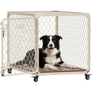 36 Inch Diamond Mesh Dog Crate for Medium Dogs, Durable Metal Dog Kennel Indoor with Lockable Wheels, Double Secure Latch Dog Cage with Removable Tray, Easy to Assemble, 100Lb Capacity, Beige