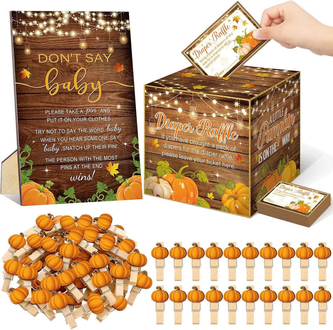 Dispowreath 102 Pcs Fall Thanksgiving Baby Shower Game Supplies Diaper Raffle Tickets with Diaper Raffle Card Box Don't Say Baby Sign Mini Fall Pumpkin Clothespin Game Decor for Gender Reveal Favor