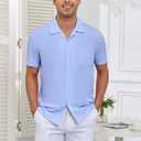 Men's Short Sleeve Button Down Shirt Cuban Collar Anti-Wrinkle Shirt Casual Summer Beach Shirt (M)