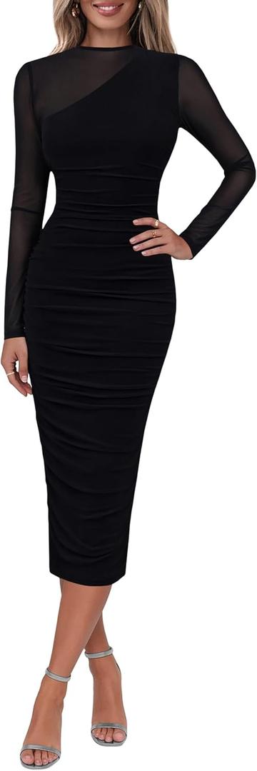 Lazysmile Long Sleeve Mesh Dresses for Women Mock Neck Ruched Bodycon Elegant Cocktail Club Party Wedding Guest Dress (Black, S)