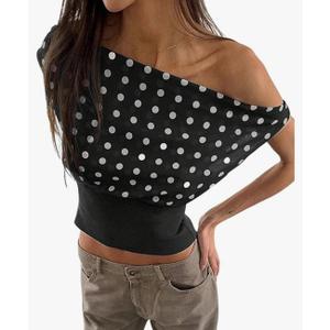 Milumia Women's Polka Dots Off Shoulder Crop Tank Tops Y2K Cap Sleeve Ruched Going Out T-Shirts, Medium