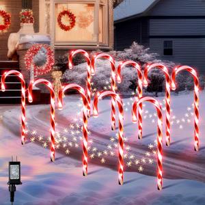 10 in 1 Christmas Candy Cane Snowflake Lights with Stakes, 16 Inch 8 Modes Christmas Candy Cane Pathway Marker Lights with Timer for Xmas Walkway Yard Lawn Outdoor Decor(Red, White)