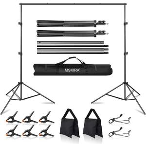 Backdrop Stands, MSKIRA Photo Backdrop Stand Kit 10ft X 7.5ft, Back Drop Adjustable Stand, Background Support System for Studio Portrait Photoshoot, Wedding Parties, with Clamps, Sandbags, Carry Bag