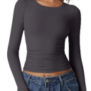 QINSEN Womens Crewneck Long Sleeve Shirt Double Lined Basic Tees Side Ruched Going Out Crop Tops, L