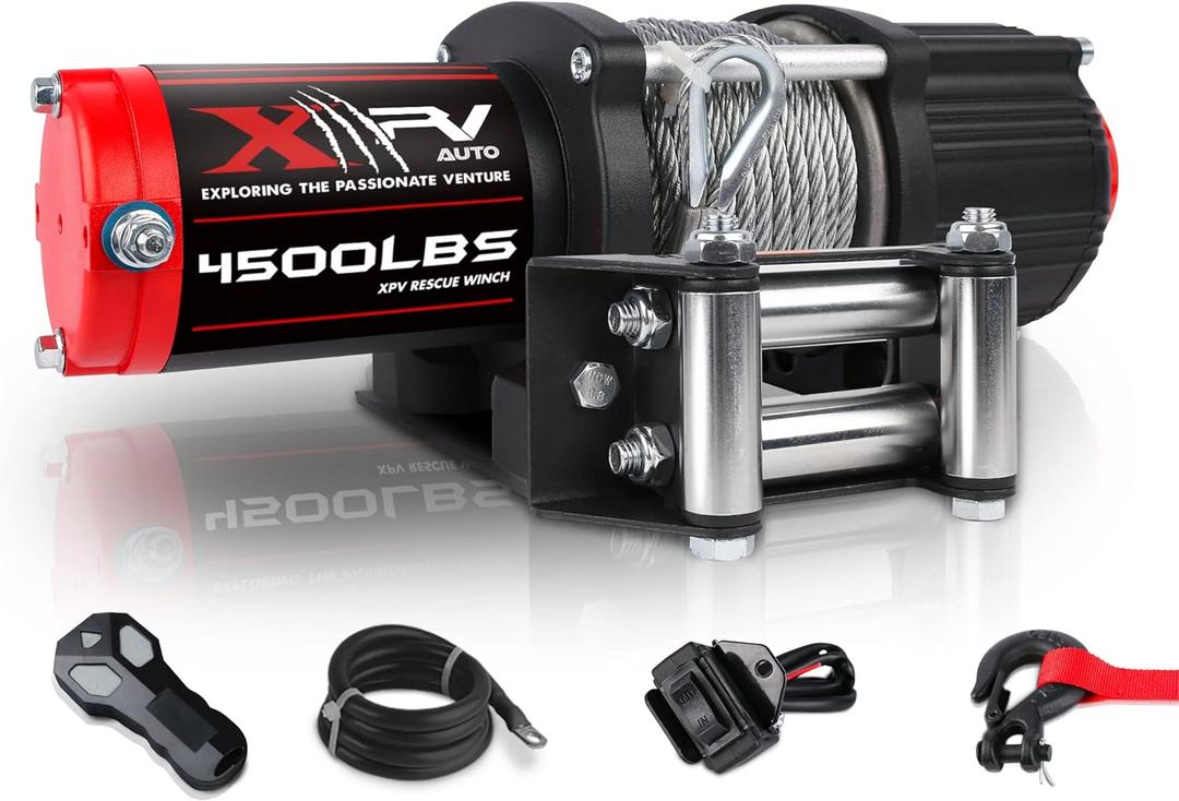 12V 4500LBS Steel Rope Electric Winch for Towing ATV/UTV Off Road with Wireless Remote Control Mounting Bracket IP67 Waterproof Electric Winch with 4-Way Roller Fairlead (Black)