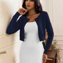 Women's Cropped Cardigan Sweaters Crew Neck Button Down Open Front Knit Bolero Shrugs (Blue, L)