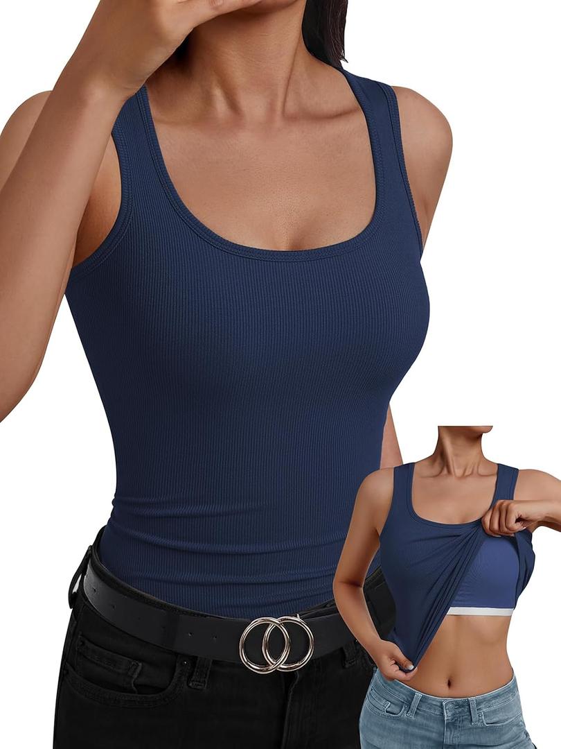 Built in Bra Tank Tops for Women Ribbed Scoop Neck Slim Fit Sleeveless Going Out Summer Tops (Blue, XL)