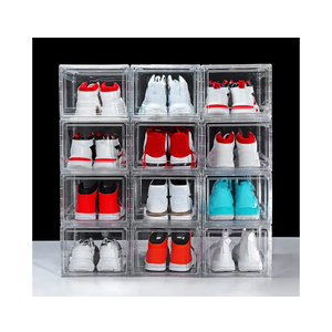 12 Pack Shoe Boxes, Clear Acrylic Plastic Shoe Boxes Stackable, Space-Saving Foldable Drop Front Shoe Storage Boxes Container for With Lids Fits Up to Size 14 (Transparency)