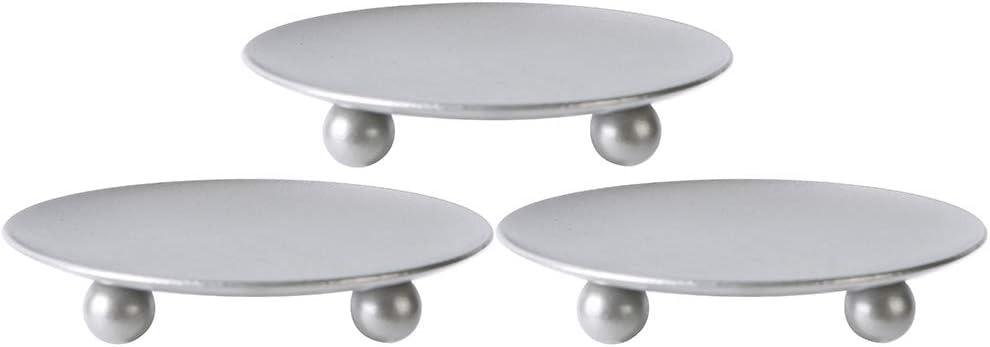 Scwhousi Silver Iron Plate Candle Holder, Decorative Iron Pillar Candle Holder, Set of 3,Candle Stand for Wax Candles