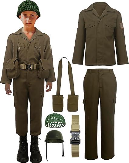 Kids WW2 Soldier Costume Boys Girls Field Jacket Cosplay 6 Pcs Set for Halloween  2XL(11-12years)